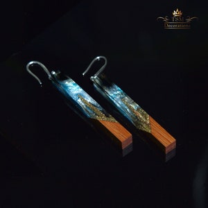 Wood resin earrings epoxy jewelry. Ocean resin art. Ocean wave on wood. Epoxy earrings. Resin and wood handmade gift for women. image 7