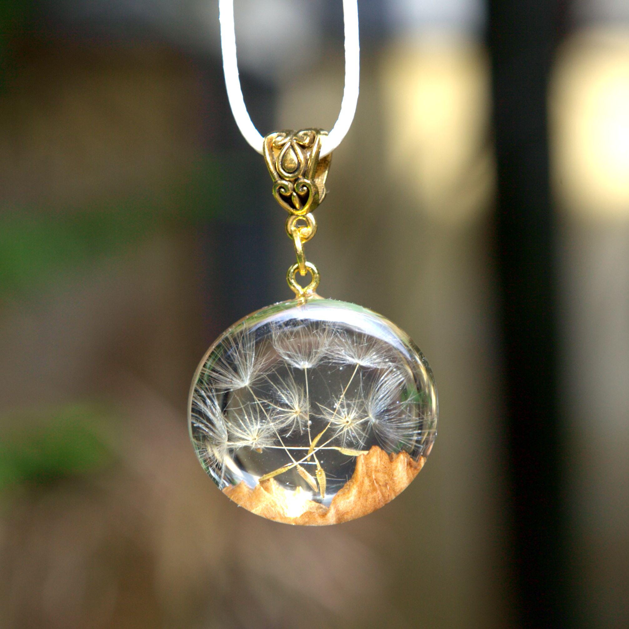 ★Hei★ [sv925] dandelion pendant necklace Handmade Wood Resin Dandelion Wish Pendant Necklace - Unique