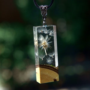 Dandelion necklaces for women. Dandelion in resin pendant necklace. Wood resin jewelry handmade. Epoxy wood art. Unique gifts for her