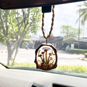 Dried Mushroom Car Charm: Wood Resin Epoxy Art, Boho Car Mirror Decor