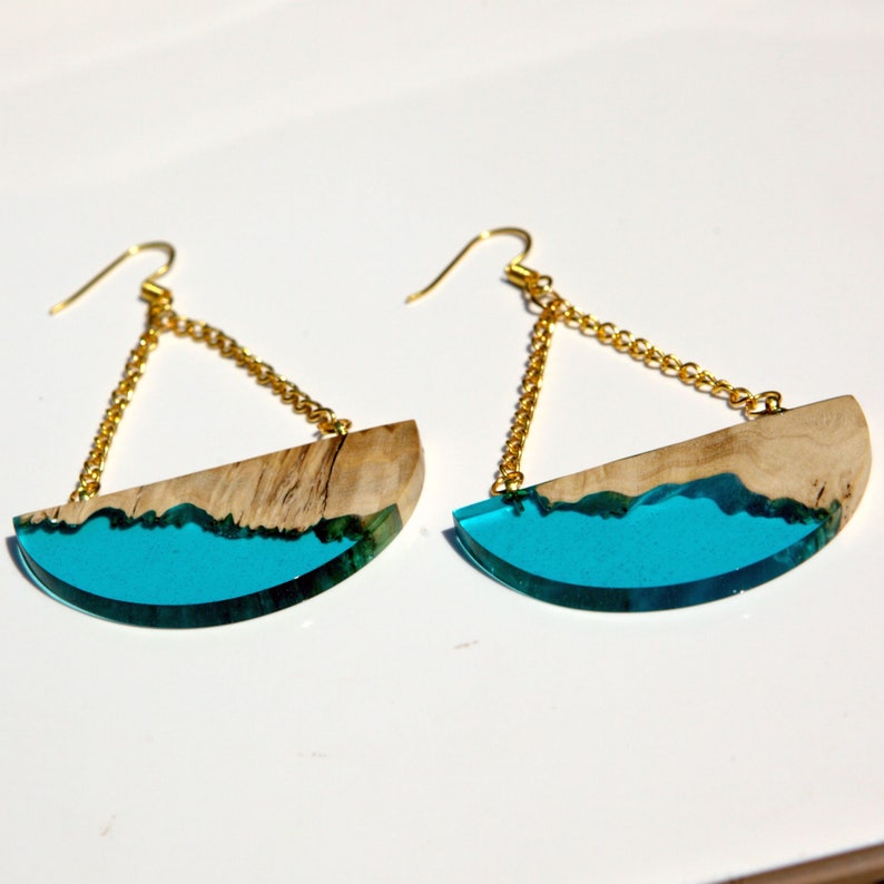Wood Resin Turquoise Semicircle Dangle Earrings anniversary gift for women