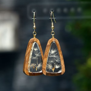 Dandelion in resin Epoxy Earrings. Pressed flower jewelry dandelion. Wood Resin Earrings. Wooden epoxy Jewelry gift for women