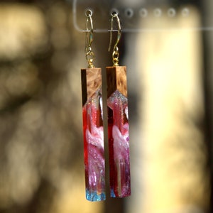 Wood resin earrings. Epoxy earrings. Resin wood art. Wood resin jewelry red epoxy earrings. Resin art earrings gift for women.