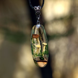 Real Mushroom Necklace Crystal terrarium pendant necklace. Epoxy resin necklace. Resin wood art mushroom jewelry.