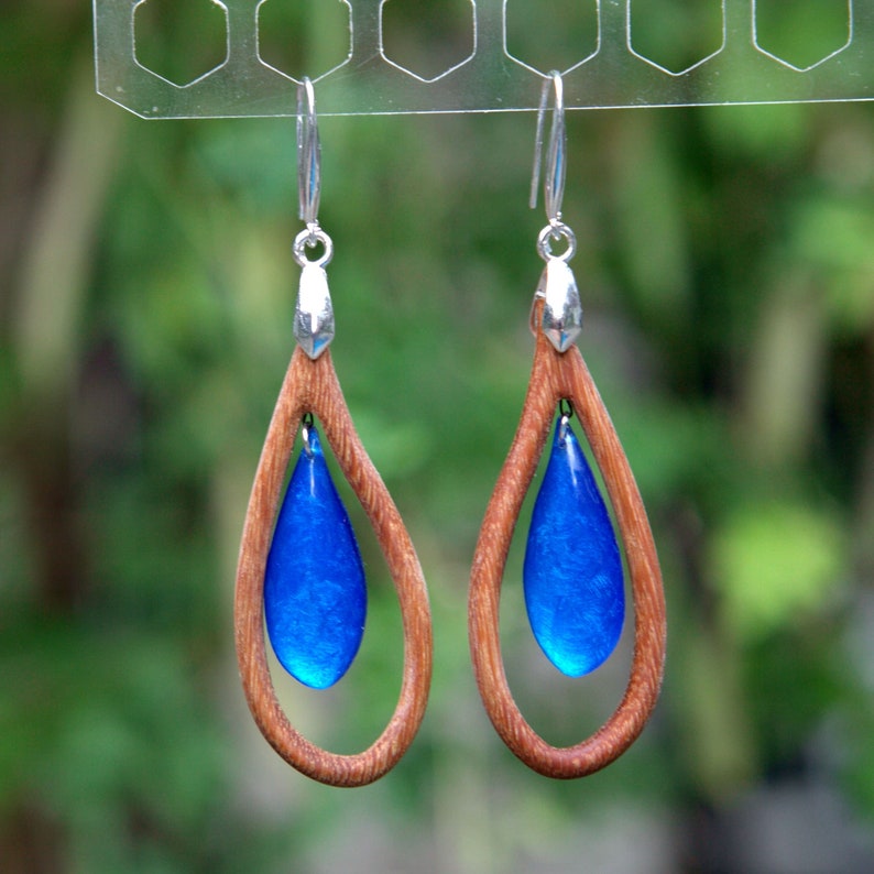 Wood resin earrings Epoxy resin art jewelry Dainty teardrop Etsy