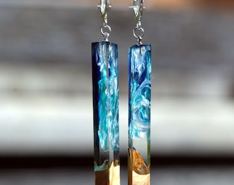 Ocean Wave Wood Resin Turquoise Earrings: Handmade Epoxy Jewelry