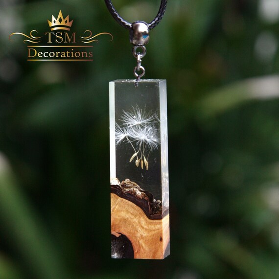 Wood resin pendant necklace Epoxy resin art jewelry Dandelion Etsy