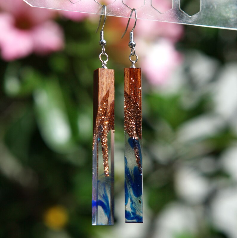 Blue Epoxy Resin Earrings. Wood Resin Earrings Epoxy. Wood Etsy