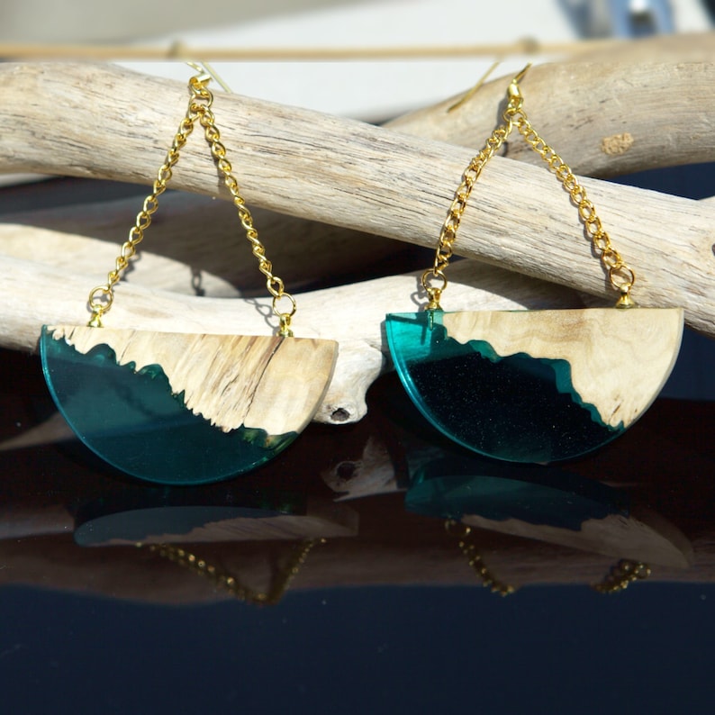 Wood Resin Turquoise Semicircle Dangle Earrings anniversary gift for women