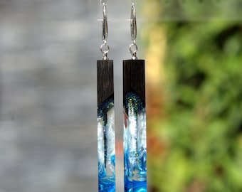 Glow-in-the-Dark Aurora Earrings | Handmade dangle Wood and Resin Jewelry