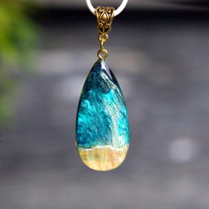 Ocean Wave Wood Resin Pendant Necklace: Teardrop Handmade Jewelry