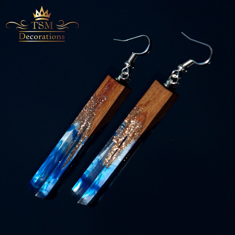 Blue Epoxy Resin Earrings. Wood Resin Earrings Epoxy. Wood Etsy