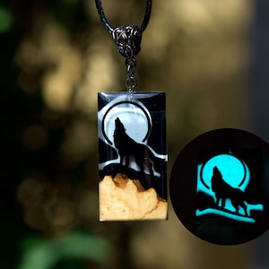 Wooden HOWLING WOLF necklace for women Wood resin pendant necklace GLOW in the dark Resin art jewelry Glowing pendant Gifts for her