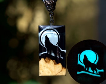 Wooden HOWLING WOLF necklace for women Wood resin pendant necklace GLOW in the dark Resin art jewelry Glowing pendant Gifts for her