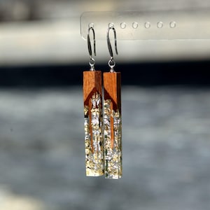 Wooden Earrings for women with gold and silver flakes. Epoxy resin earrings. Wood Resin Jewelry. Handmade gift for women.