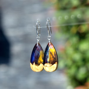 Boho Dangle Teardrop Earrings Wood Resin jewelry. Aurora Borealis Resin and Wood Earrings for Women Epoxy wooden Resin Earrings Gift for Her