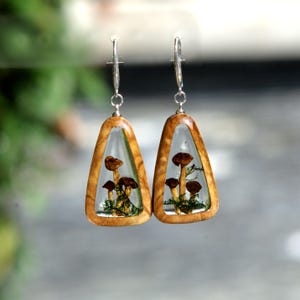 Mushroom earrings for Women. Epoxy earrings Handmade Jewelry. Epoxy Wooden Earrings for Women. Real Mushroom Resin wood Art Gift for Women.