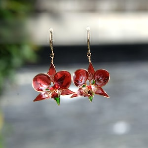 Red ORCHID Flower Resin Earrings Handmade Jewelry. Epoxy Resin Art Floral Jewelry Gift for HER. Red orchid flower earrings gift bridesmaid