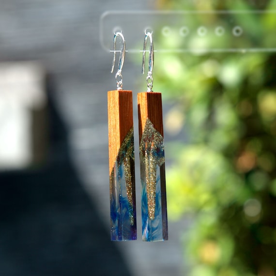 Blue Resin Earrings. Wood Resin Jewelry. Epoxy Earrings. Unique