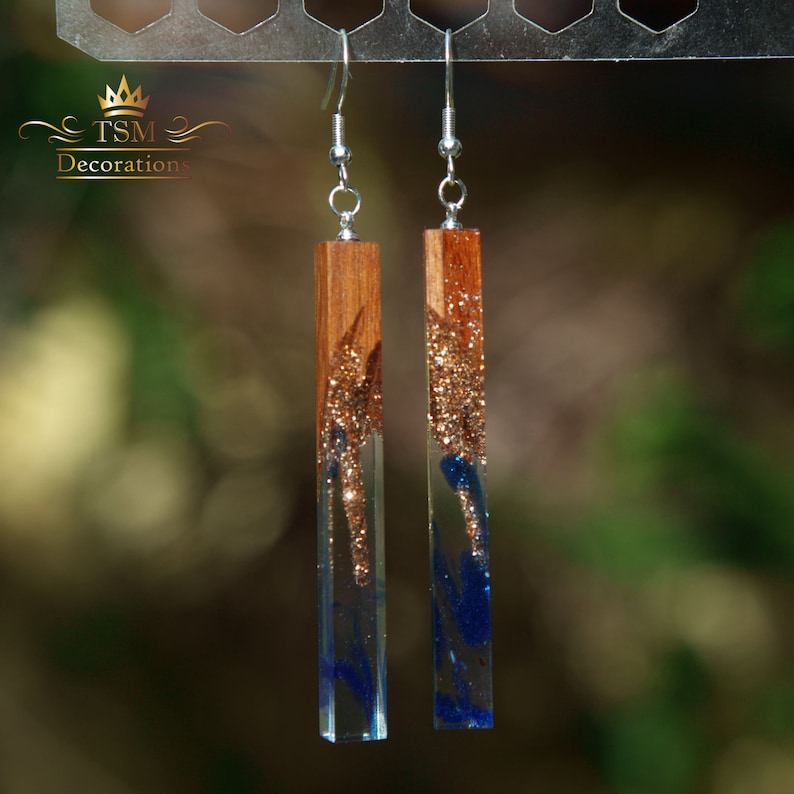 Blue Epoxy Resin Earrings. Wood Resin Earrings Epoxy. Wood Etsy