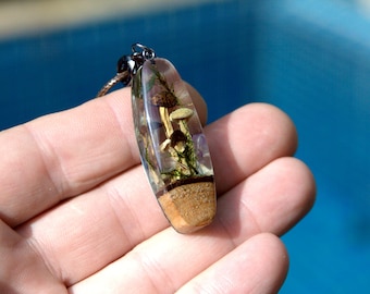 Real Mushroom Necklace Crystal terrarium pendant necklace. Epoxy resin necklace. Resin wood art mushroom jewelry.