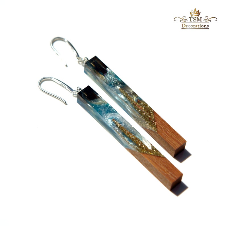 Wood resin earrings epoxy jewelry. Ocean resin art. Ocean wave on wood. Epoxy earrings. Resin and wood handmade gift for women. image 5