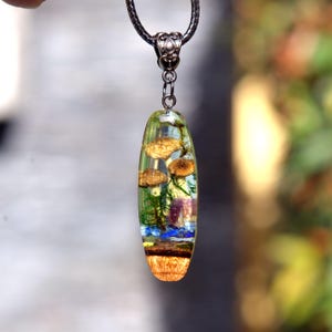 Real Mushroom Terrarium Necklace: Epoxy Resin Wood Pendant