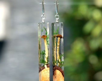 Wood Resin Real Mushroom Earrings Handmade. Epoxy Wooden Earrings for Women. Real Mushroom Jewelry. Gifts for Women