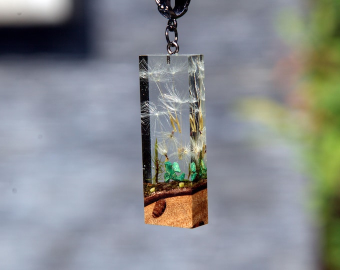 Dandelion Wish Wood Resin Pendant Necklace: Handmade wild Wood Jewelry