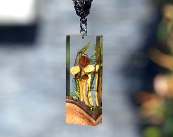 Enchanted Wood Resin Mushroom Necklace: Miniature Forest Pendant