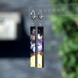Bright Purple Resin Wood Dangle Earrings with Sterling Silver 925 Ear Hooks. Resin earrings for women. Wood resin jewelry Handmade resin art