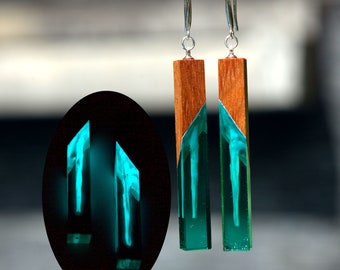 Glow in the dark epoxy earrings. Wood resin earrings secret wood jewelry handmade. Dangle bar earrings 3d resin art. Gift for women