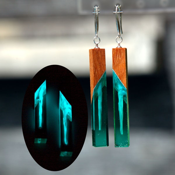 Glow in the dark epoxy earrings. Wood resin earrings secret wood jewelry handmade. Dangle bar earrings 3d resin art. Gift for women