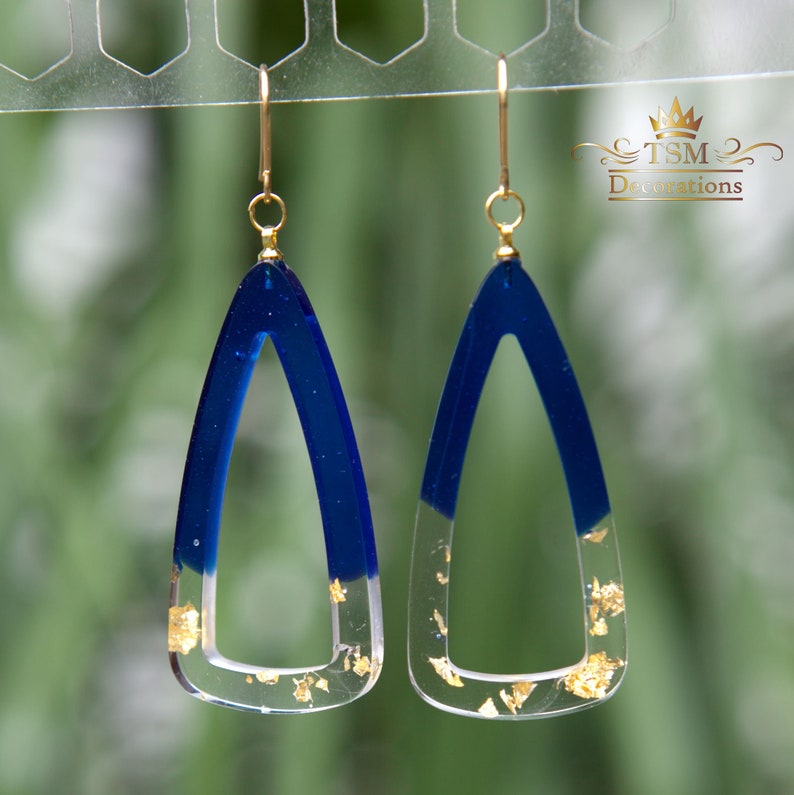 Blue resin earrings handmade Blue epoxy earrings Gold Foil Etsy