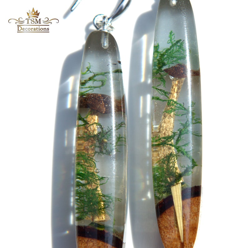 Real Mushroom earrings Dangle. Terrarium earrings handmade. Wood resin jewelry. Epoxy earrings gift for women. image 2