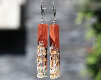 Wooden Earrings for women with gold and silver flakes. Epoxy resin earrings. Wood Resin Jewelry. Handmade gift for women.