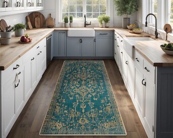 Non-Slip Kitchen Rug, Runner Rug, Laundry Mat, Hallway, Entryway, Low Pile Machine Washable, Pet & Kids Safe, Custom Size Available KR106