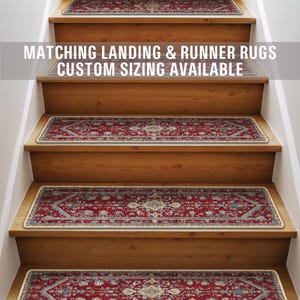 May include: Red and blue patterned stair treads with a beige border. The text "Matching Landing & Runner Rugs Custom Sizing Available" is displayed above the stair treads.