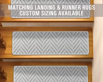 Non Slip Stair Tread Rugs with Matching Landing & Runner Rugs, Low Cut Pile, Machine Washable, Custom Size Available, Pet Kids Safe ST004-2