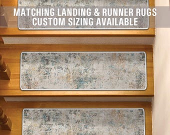 Non Slip Stair Tread Rugs with Matching Landing & Runner Rugs, Low Cut Pile, Machine Washable, Custom Size Available, Pet Kids Safe ST497