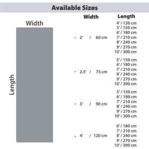 a table with available sizes and corresponding widths. The table lists different widths ranging from 2" to 10" and corresponding lengths, providing a visual representation of the available options for a particular size. The table is designed to help customers quickly identify the available options based on their size preferences.