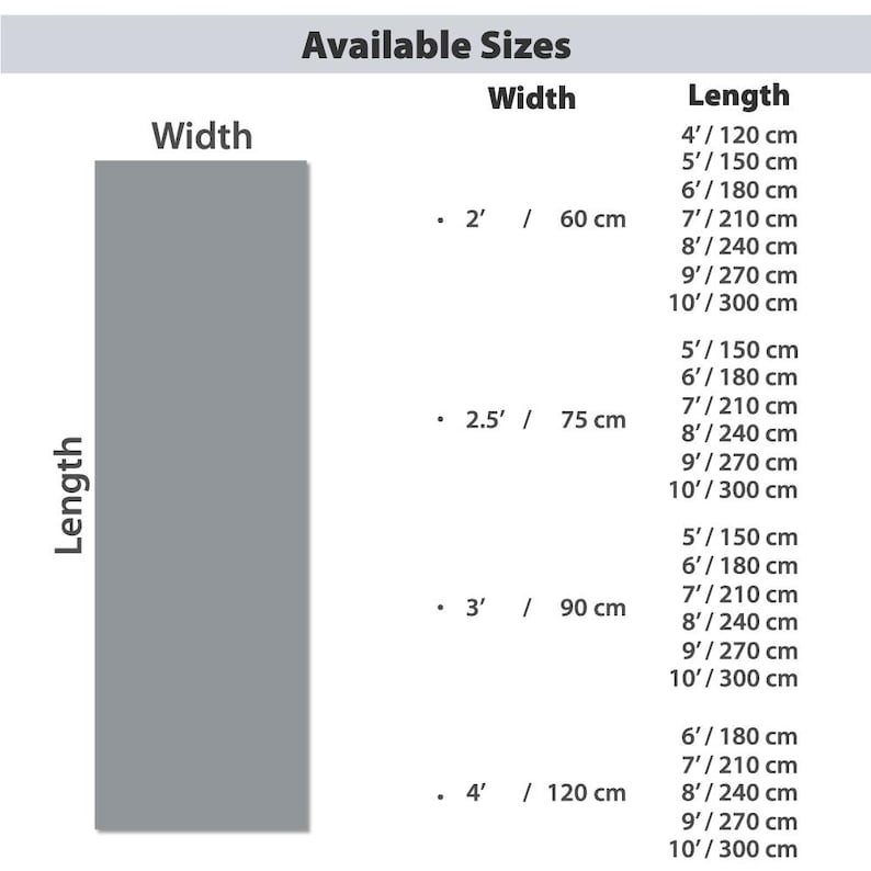 a table with available sizes and corresponding widths. The table lists different widths ranging from 2" to 10" and corresponding lengths, providing a visual representation of the available options for a particular size. The table is designed to help customers quickly identify the available options based on their size preferences.
