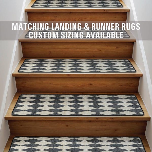 Non Slip Stair Tread Rugs with Matching Landing & Runner Rugs, Low Cut Pile, Machine Washable, Custom Size Available, Pet Kids Safe ST258