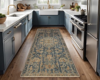 Non-Slip Kitchen Rug, Runner Rug, Laundry Mat, Hallway, Entryway, Low Pile Machine Washable, Pet & Kids Safe, Custom Size Available KR041