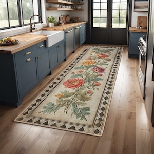 Non-Slip Kitchen Rug, Runner Rug, Laundry Mat, Hallway, Entryway, Low Pile Machine Washable, Pet & Kids Safe, Custom Size Available KR053