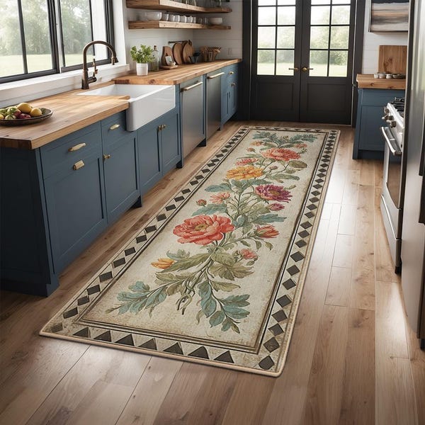 Non-Slip Kitchen Rug, Runner Rug, Laundry Mat, Hallway, Entryway, Low Pile Machine Washable, Pet & Kids Safe, Custom Size Available KR053