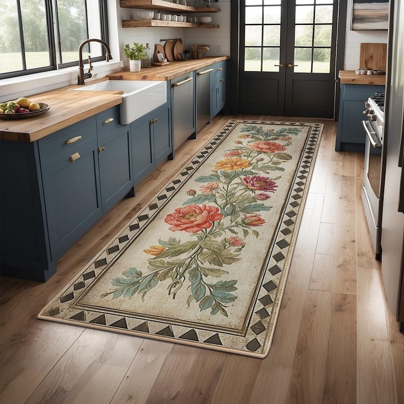 Non-Slip Kitchen Rug, Runner Rug, Laundry Mat, Hallway, Entryway, Low Pile Machine Washable, Pet & Kids Safe, Custom Size Available KR053 image 1