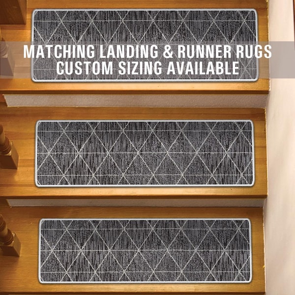 Non Slip Stair Tread Rugs with Matching Landing & Runner Rugs, Low Cut Pile, Machine Washable, Custom Size Available, Pet Kids Safe ST138