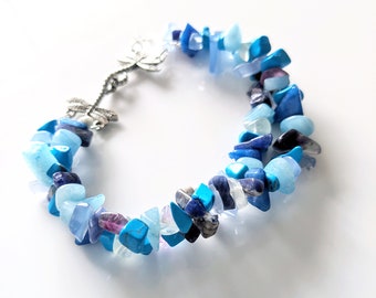 Blue Nature Healing Gemstones Crystal Double Strands Beaded Bracelet with Lovely Dragonfly Toggle Clasp Beautiful Gift for Someone Special