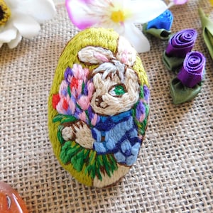 Bunny Rabbit with Flower Bouquet Embroidery Pin [Brooch-04] Hand Embroidery Cute Animal Brooch Pin Nature Animal Lover Gift